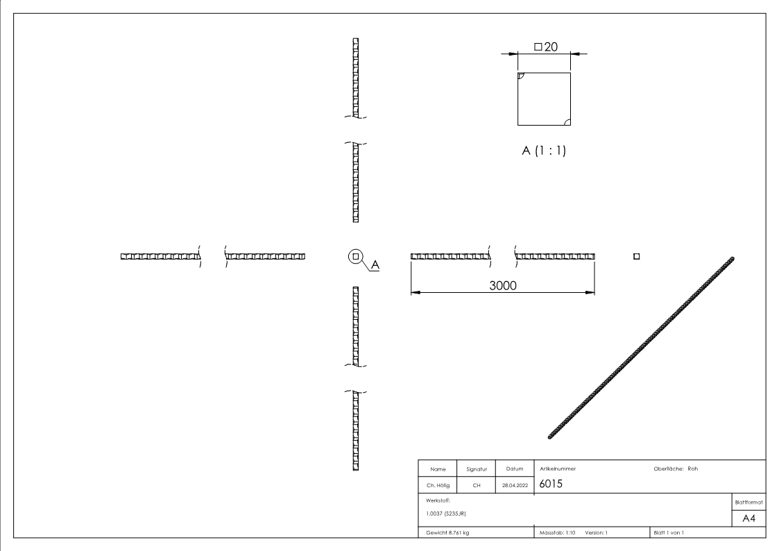 Vierkant gehämmert | Material: 20x20 mm | Länge: 3000 mm | Stahl (Roh) S235JR