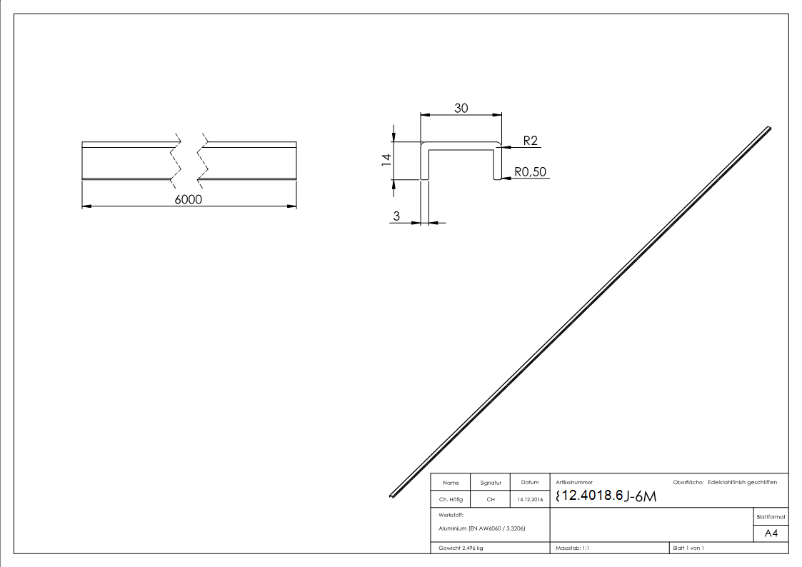 Kantenschutz | Maße: 30x14x3 mm | Länge: 6000 mm | Aluminium elox. E4/EV1