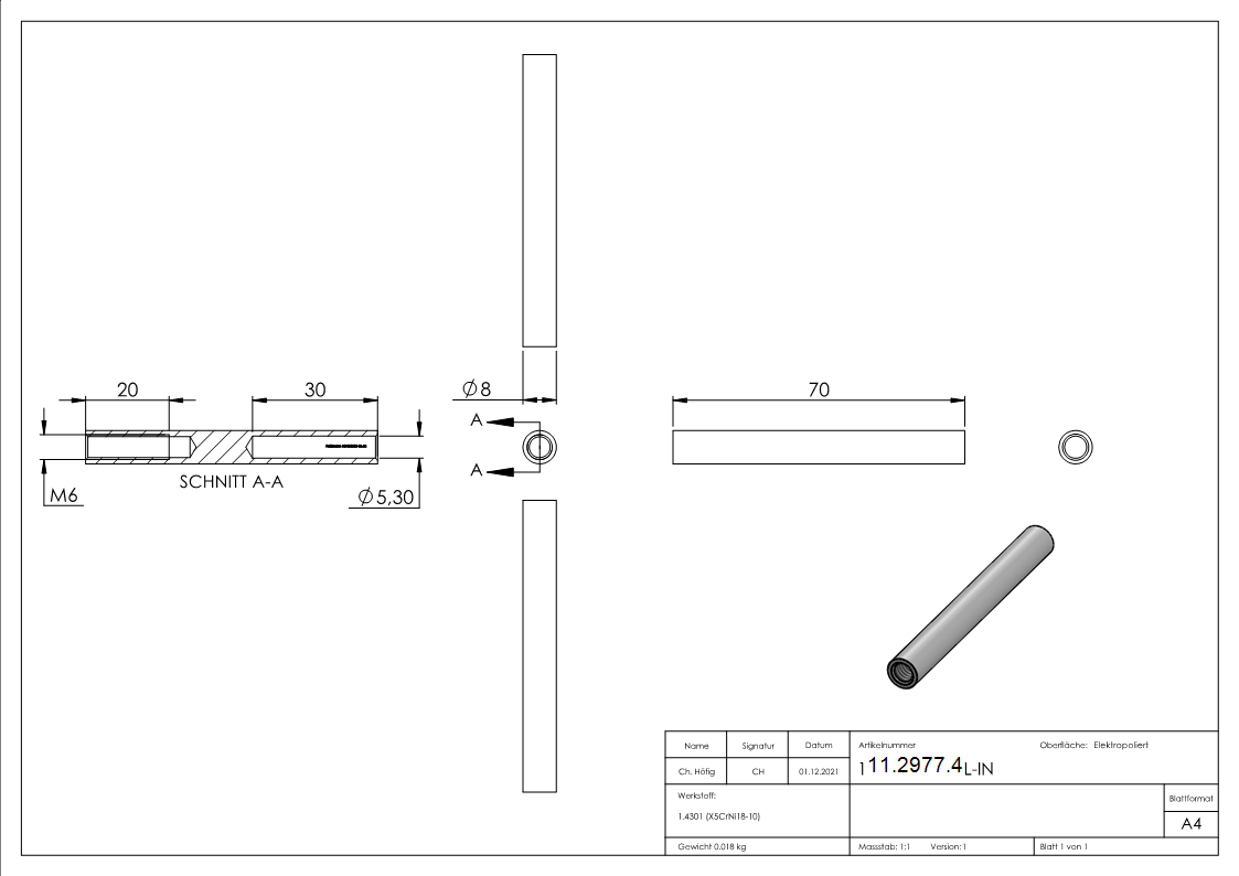 Gewindeterminal mit Innengewinde | Linksgewinde | Für Seil von Ø 5 mm |V2A