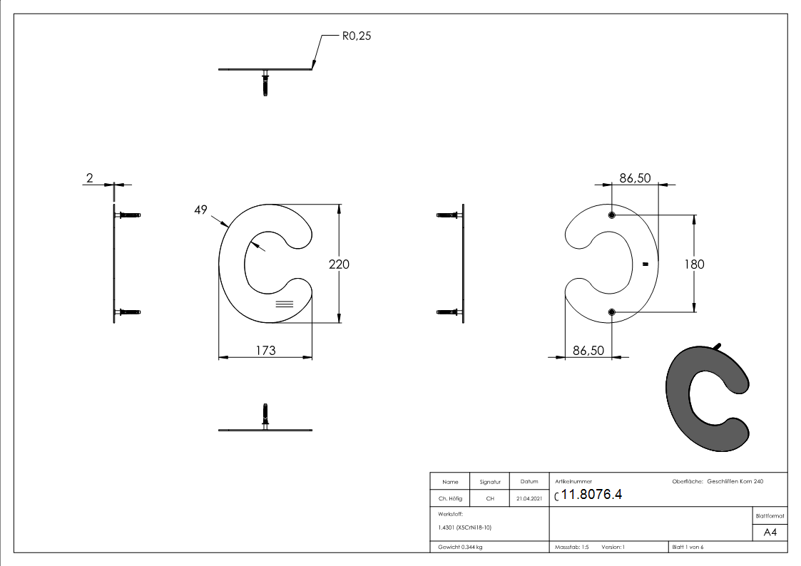 Buchstabe c | groß | Maße: 200 mm x 300 mm | V2A