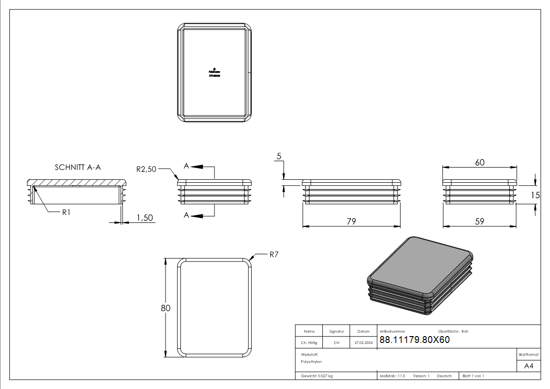 Kunststoffkappe für Rechteckrohr 80x60mm