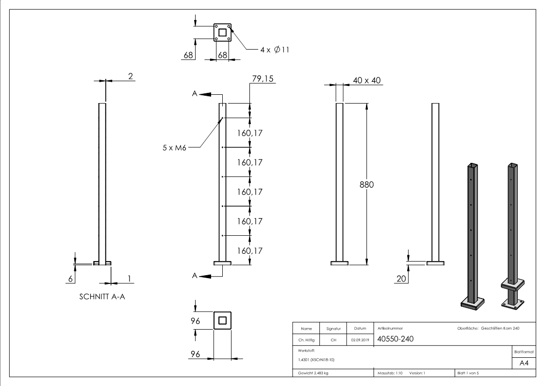 Edelstahlpfosten V2A zur Bodenmontage, Länge 880mm