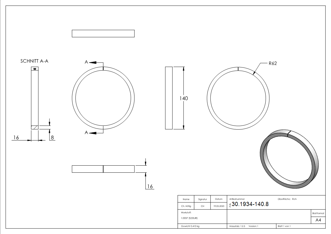 Ring | Material: 16x8 mm | Außen-Ø 140 mm | Stahl S235JR, roh