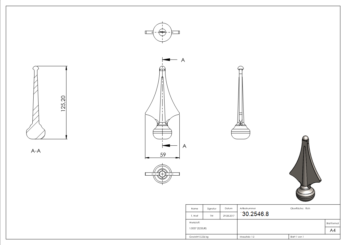 Zaunspitze | Höhe: 125 mm | Material: Ø 32 mm | Stahl S235JR, roh