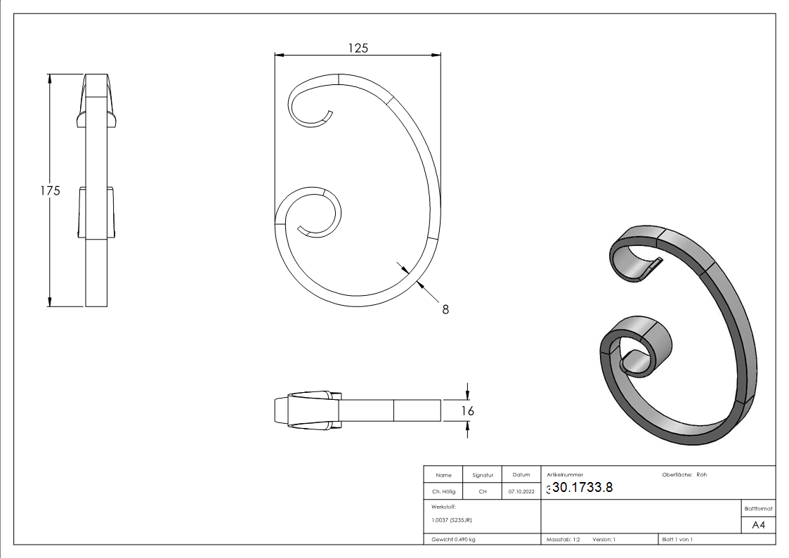 16er Serie | Maße: 175x125 mm | Material: 16x8 mm, einseitig glatt | Stahl S235JR, roh