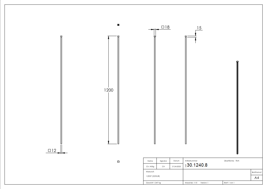 Zaunstab | Länge: 1200 mm | Material 12x12 mm + gestauchter Kopf | Stahl S235JR, roh