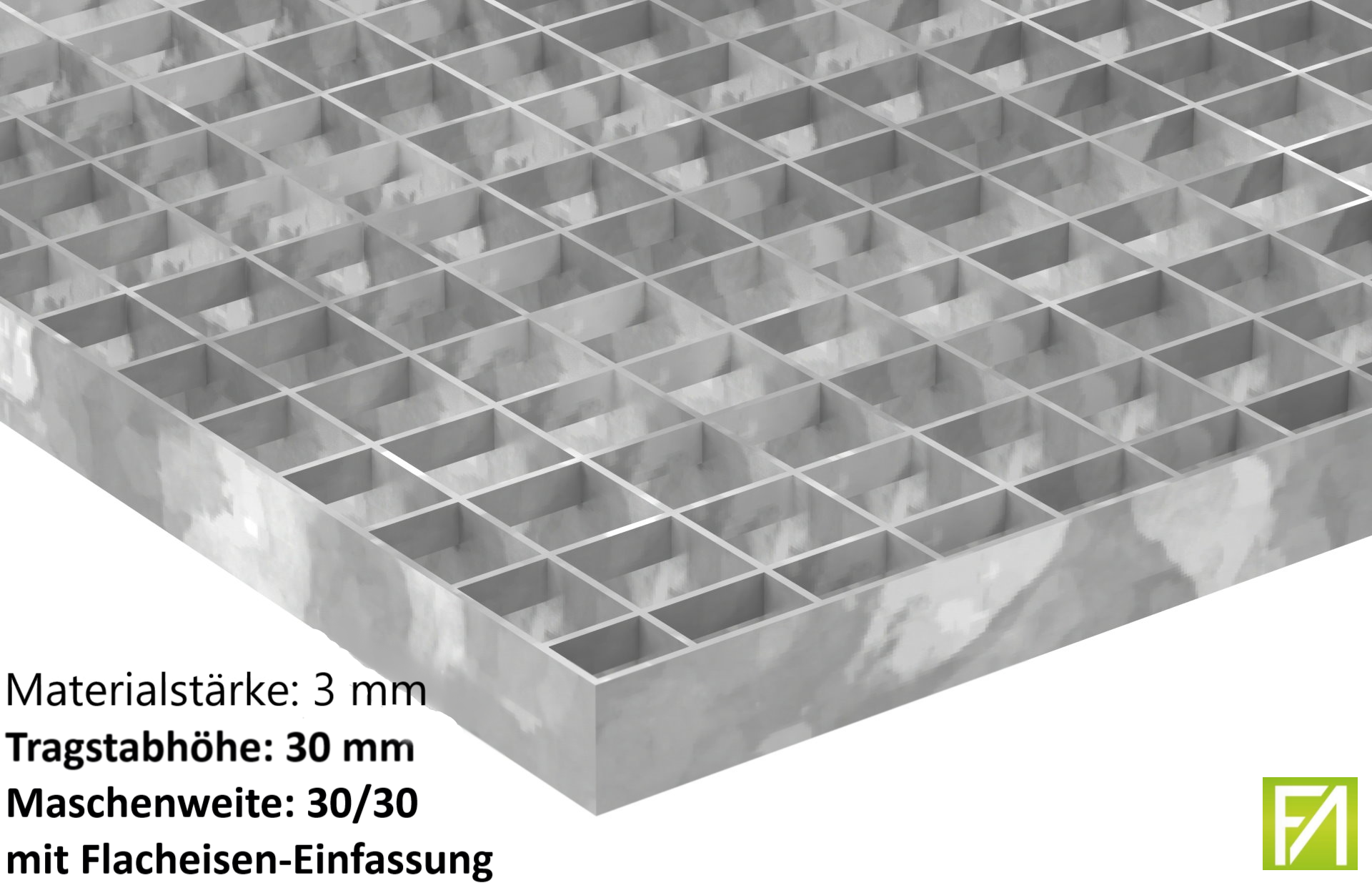 Industrie-Gitterrost | Maße: 900x1000 mm; 30/30 mm; 30/3 mm | S235JR (St37-2), im Vollbad feuerverzinkt