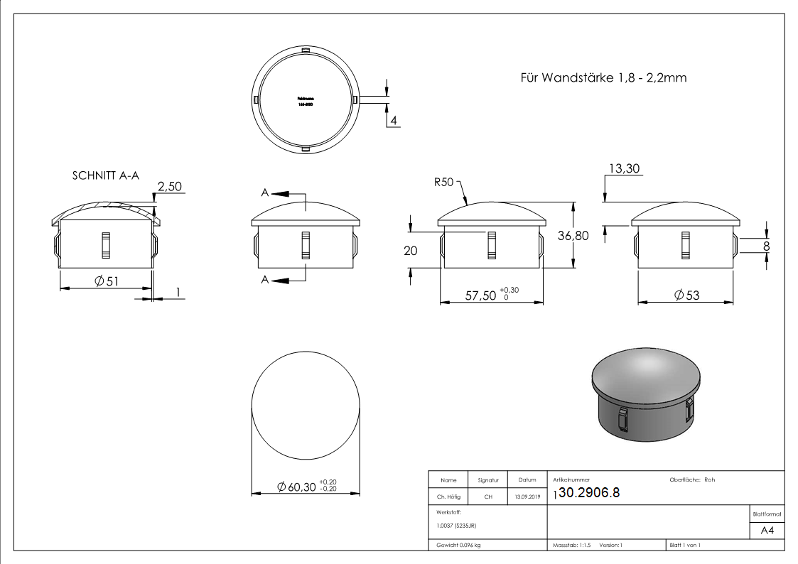 Stahlstopfen | leicht gewölbt | für Ø 60,3x1,8-2,2 mm | Stah S235JR, roh