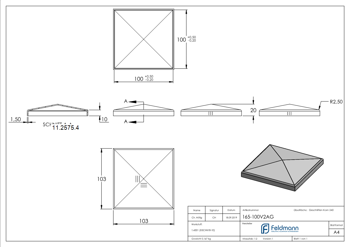 Pfostenkappe | für Vierkantrohr: 100x100 mm | V2A