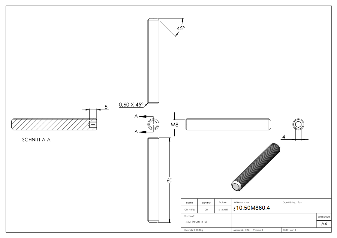 Gewindestift M8x60 mm V2A