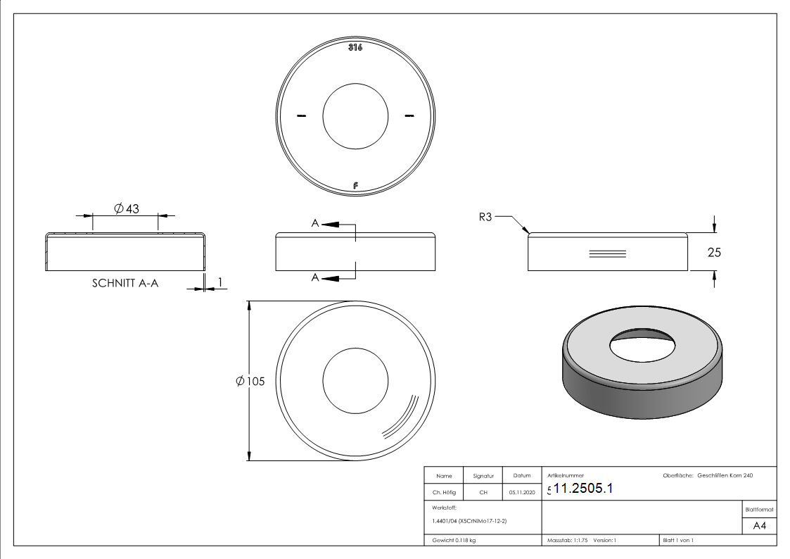 Abdeckrosette Ø 105x25 mm für Rundrohr: Ø 42,4 mm V4A