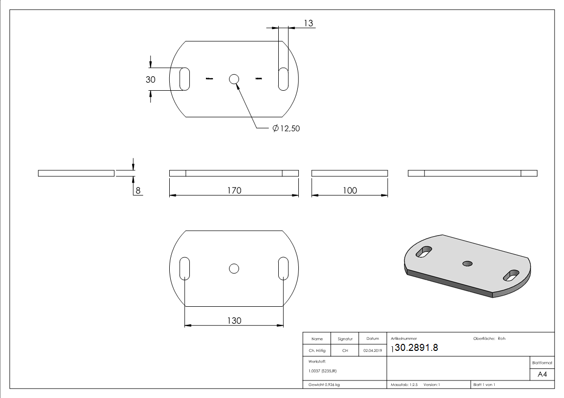 Ankerplatte 170x100x8 mm 3 Bohrungen |  Stahl roh