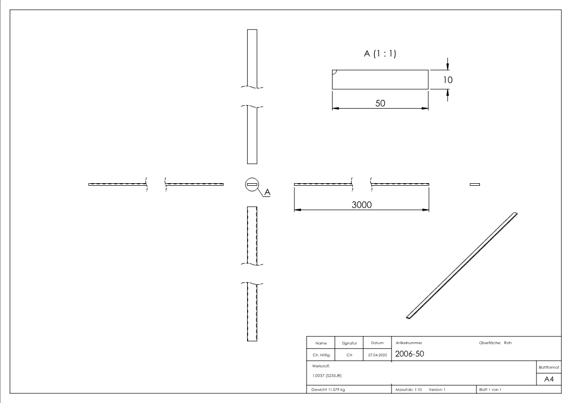 Flacheisen | Länge: 3000 mm | Material 50x10 mm | Stahl (Roh) S235JR