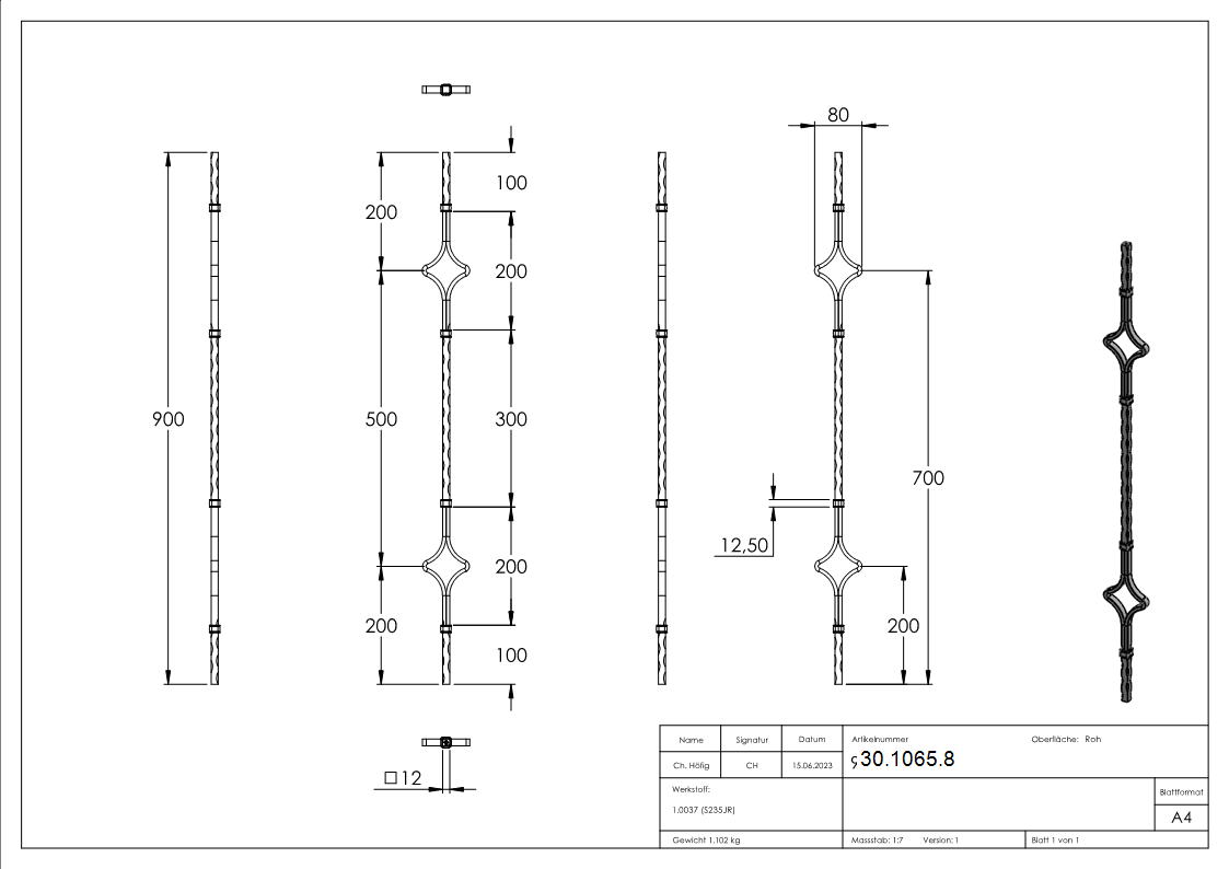 Zierstab | Länge: 900 mm | Material: 12x12mm | gehämmert | Stahl (Roh) S235JR