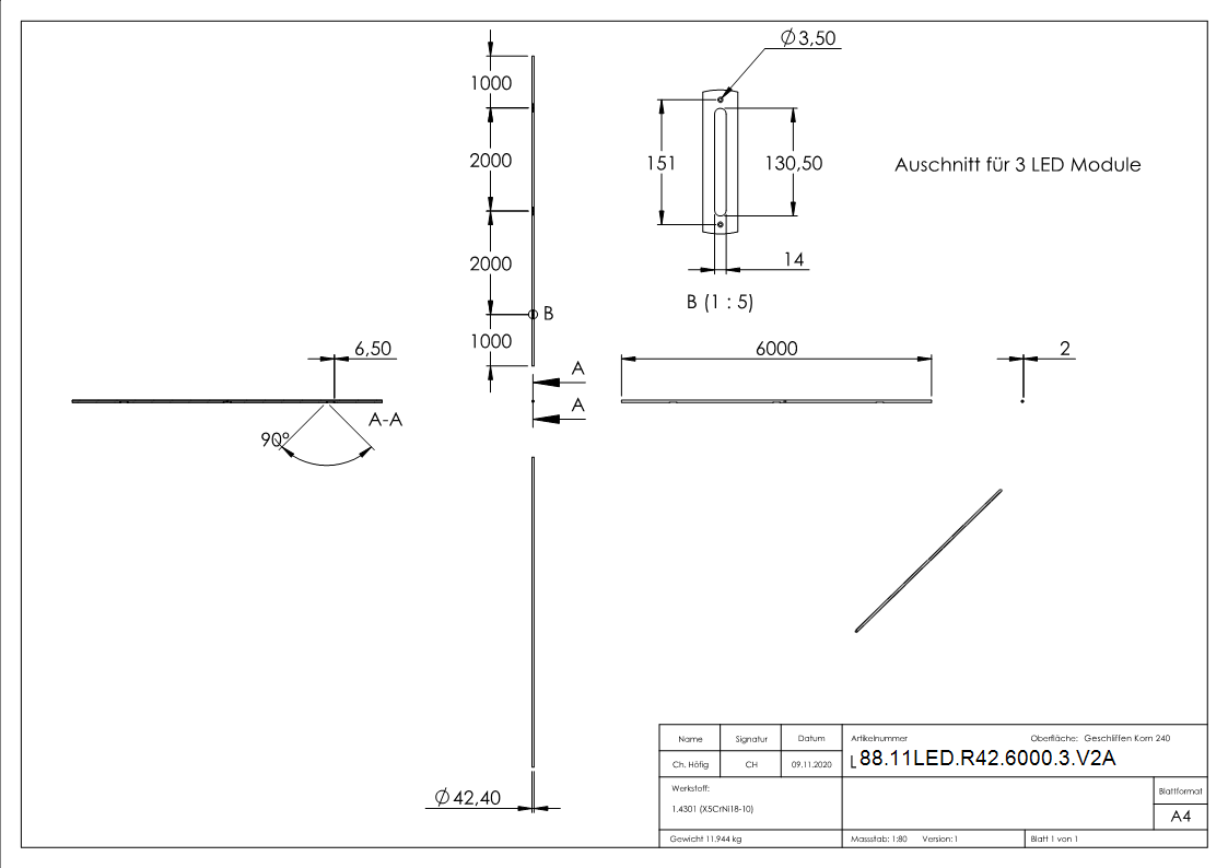 Edelstahlrohr 42,4 x 2,0mm für LED Module