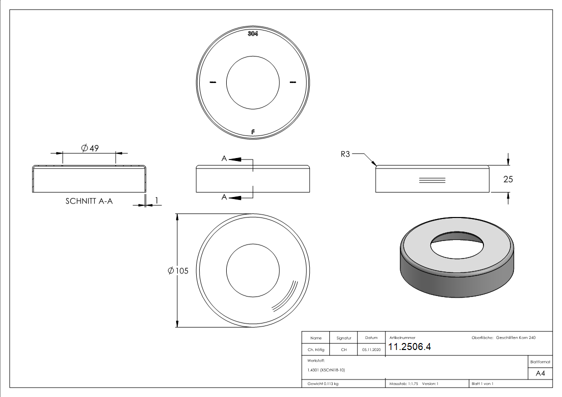 Abdeckrosette Ø 105x25 mm für Rundrohr: Ø 48,3 mm V2A