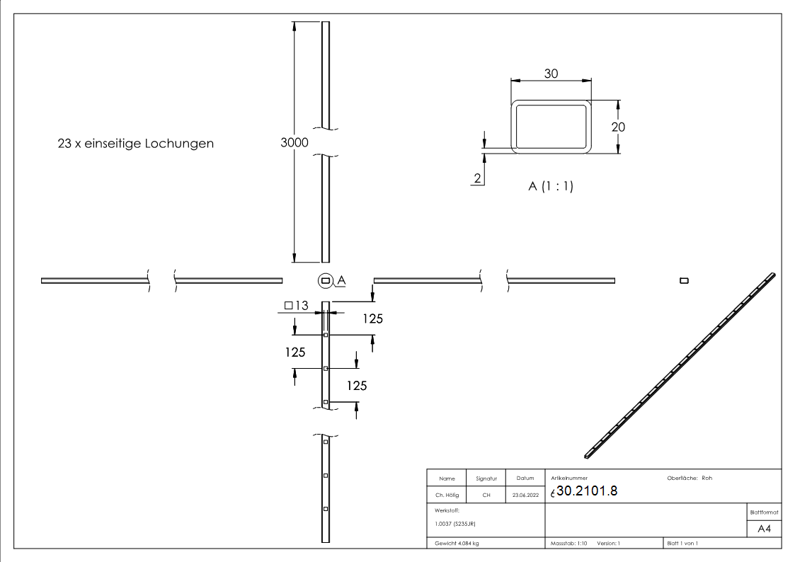 Rechteckrohr | Maße: 30x20x2 mm | Länge: 3000 mm | Stahl S235JR, roh