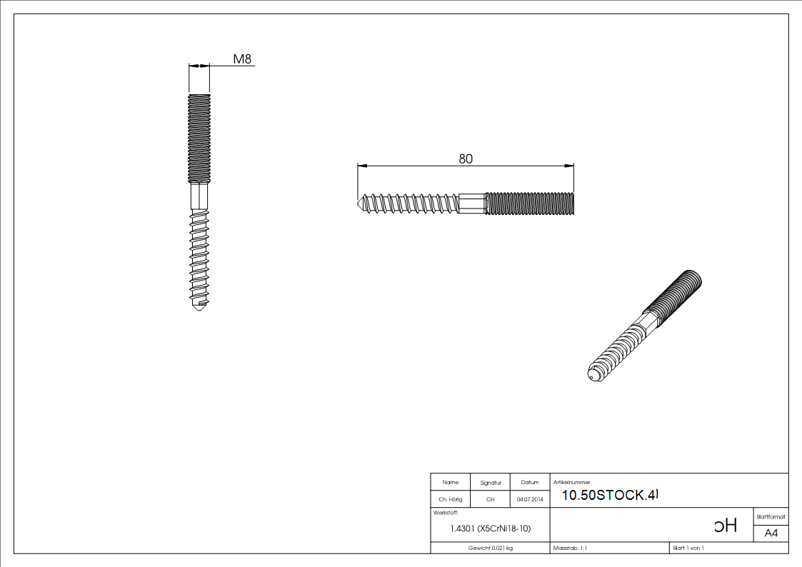 V2A Stockschraube M8 x 80 mm