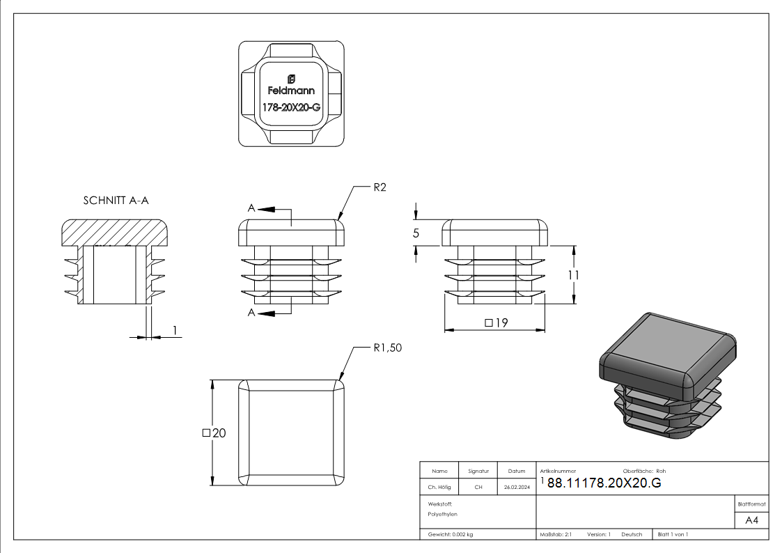 Kunststoffkappe für Quadratrohr 20x20mm