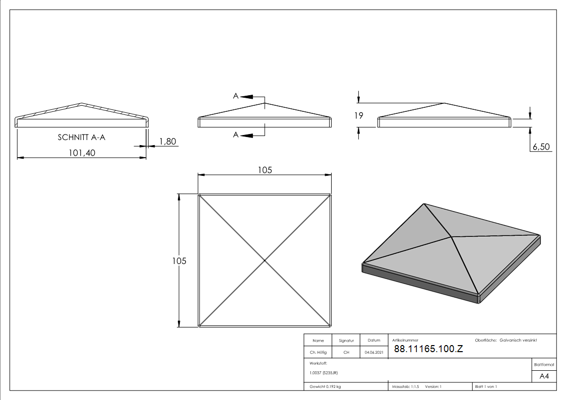 Pfeilerbedecker für Rohr 100 x 100mm, verzinkt