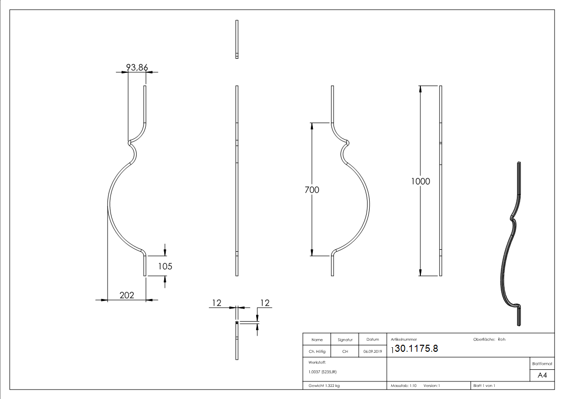 Bauchstab | Länge: 1000 mm | Material: 12x12 mm | Stahl S235JR, roh