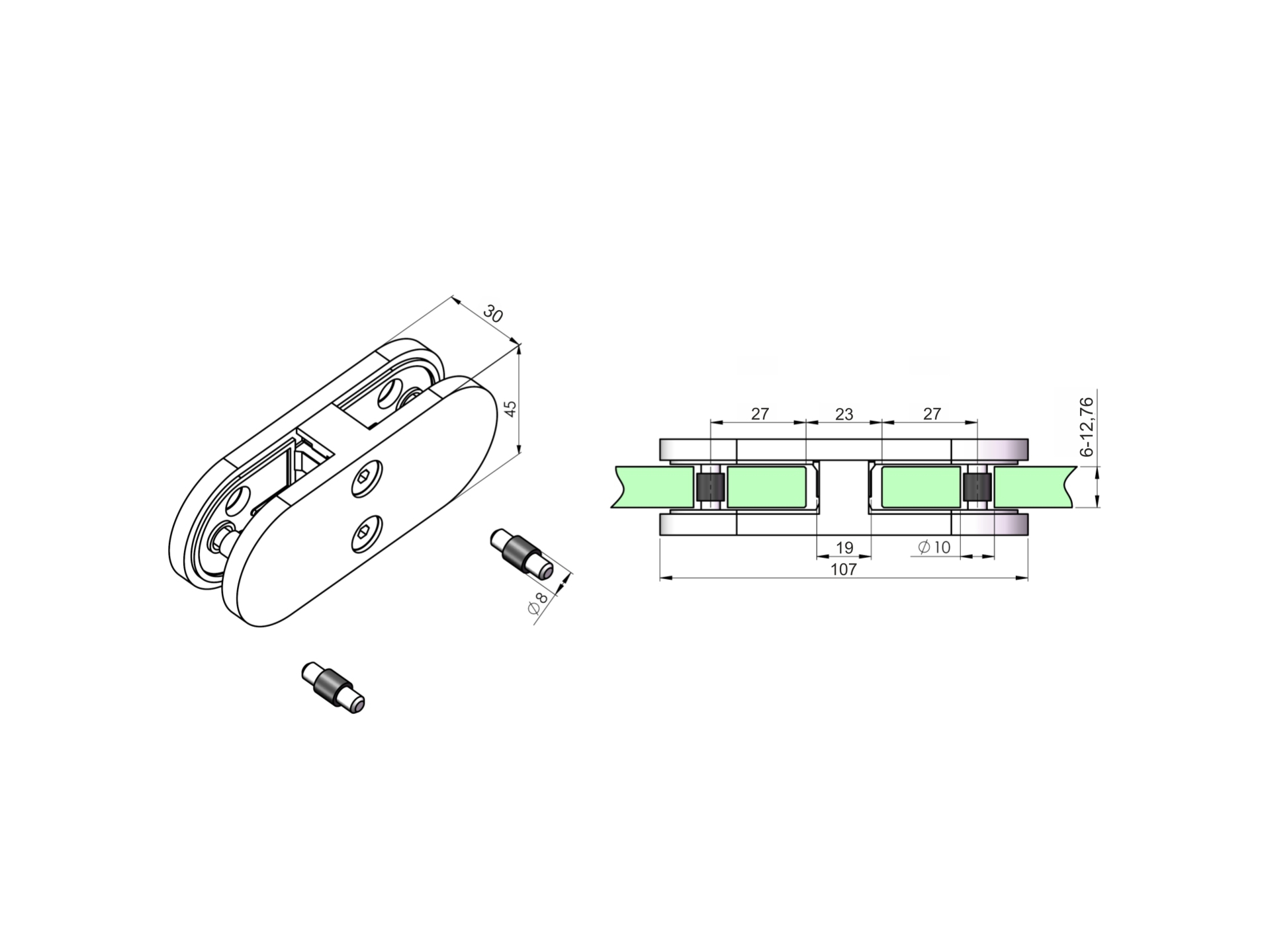 Doppelglasklemme 180° | Maße: 107x45x30 mm | V4A