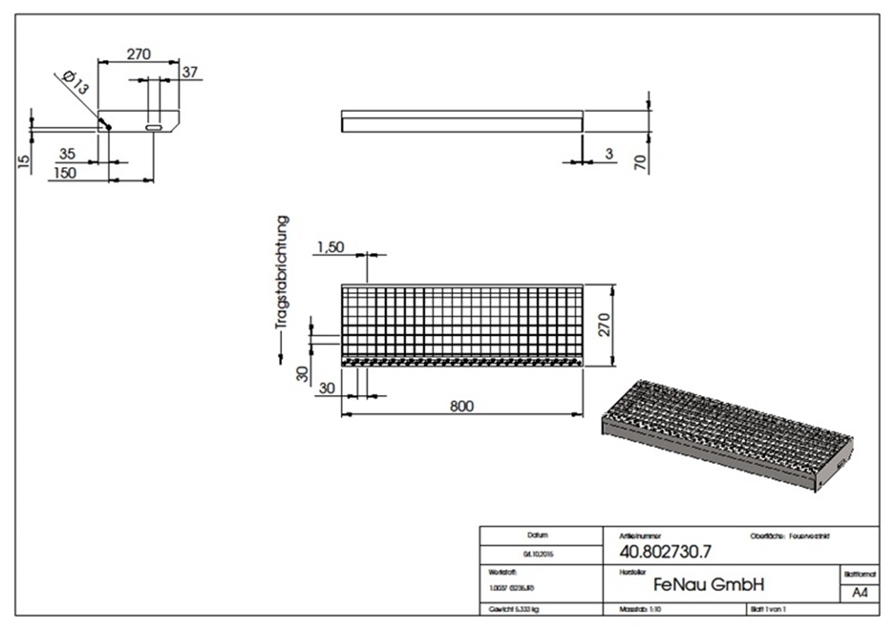 Gitterroststufe Treppenstufe | Maße: 800x270 mm 30/30 mm R12 | S235JR (St37-2), im Vollbad feuerverzinkt