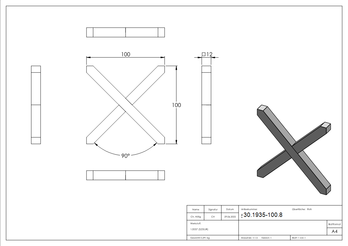 Kreuz | Material: 12x12 mm | Maße: 100x100 mm | Stahl S235JR, roh