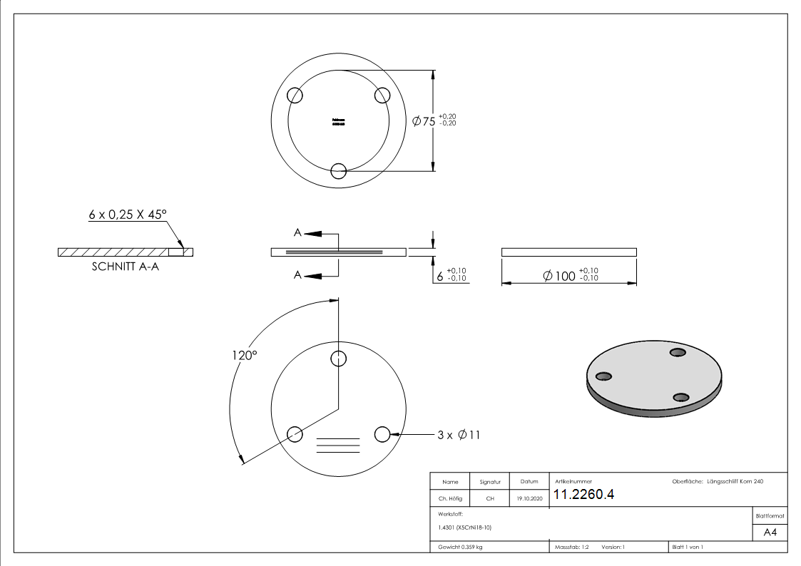 Ankerplatte | Ø 100 x 6 mm | mit 3 Bohrungen á Ø 11 mm | V2A