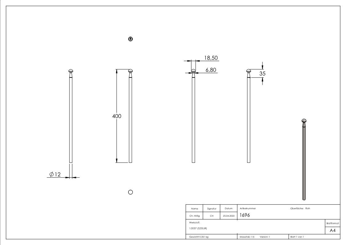 Zaunstab | Länge: 400 mm | Material Ø 12 mm | Stahl S235JR, roh