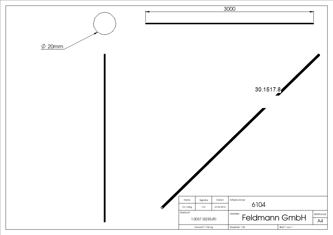 Rundeisen geschmiedet Ø 20 mm Länge: 3000 mm Stahl (Roh) S235JR