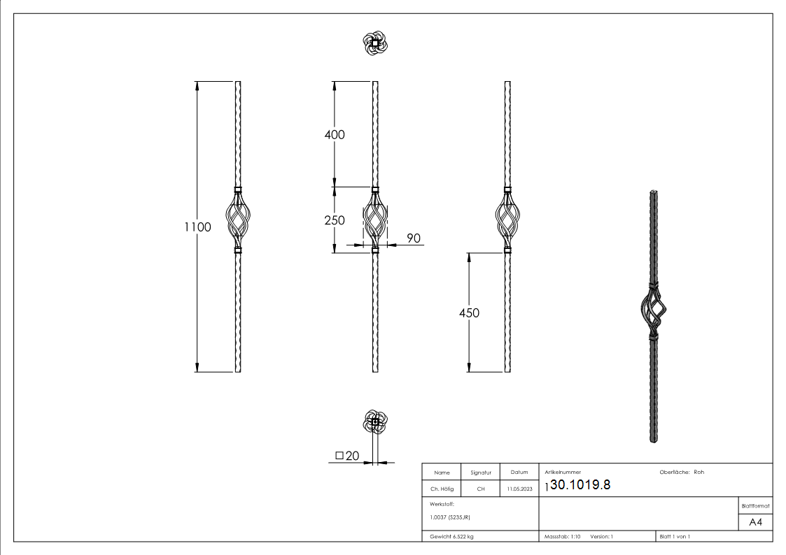 Anfangsstab | Länge: 1100 mm | Material: 20x20 mm | Stahl S235JR, roh