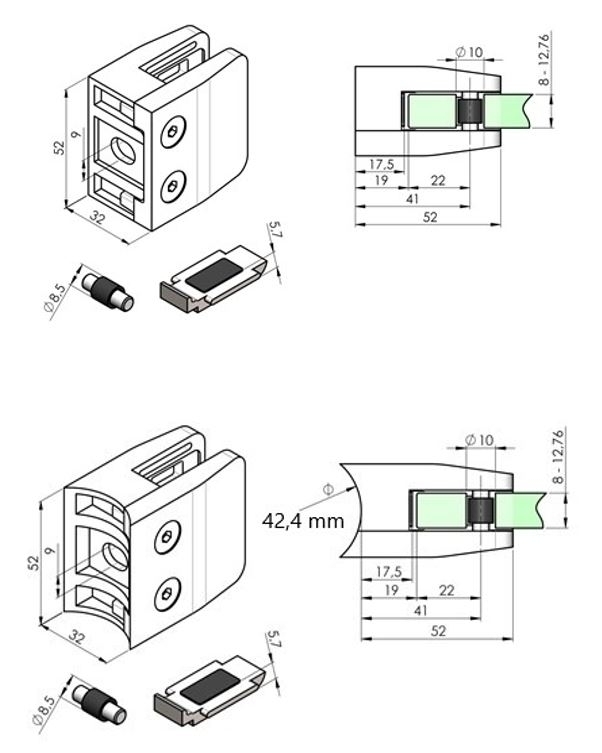 Glasklemme 52x52x32 mm Flach, ZAMAK | Zinkdruckguss, für 12,76 mm VSG Glas