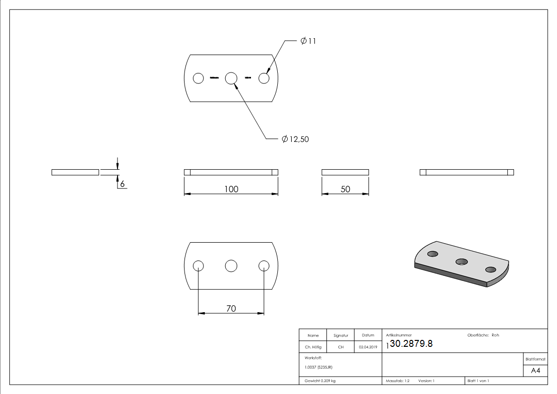 Ankerplatte 100x50x6 mm 3 Bohrungen |  Stahl roh