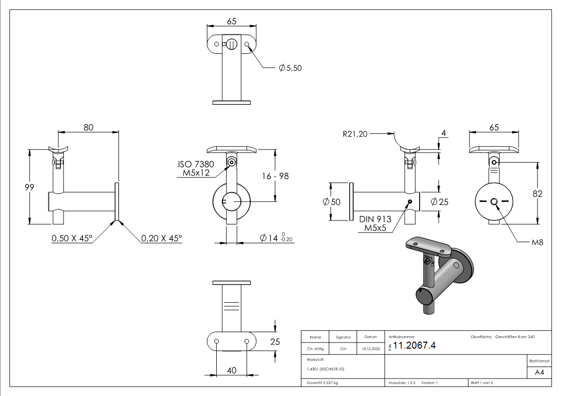 Handlaufhalter höhenverstellbar mit Halteplatte für Ø 42,4 mm V2A