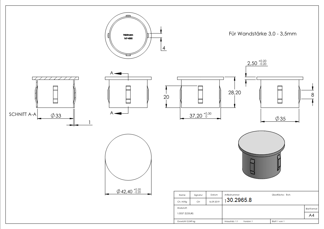 Stahlstopfen | flach | für Rohr Ø 42,4 x 3,0-3,5 mm | Stahl (Roh) S235JR