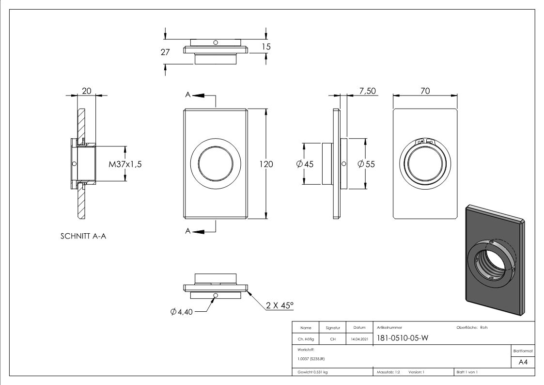 Montageplatte eckig 70 x 120 mm