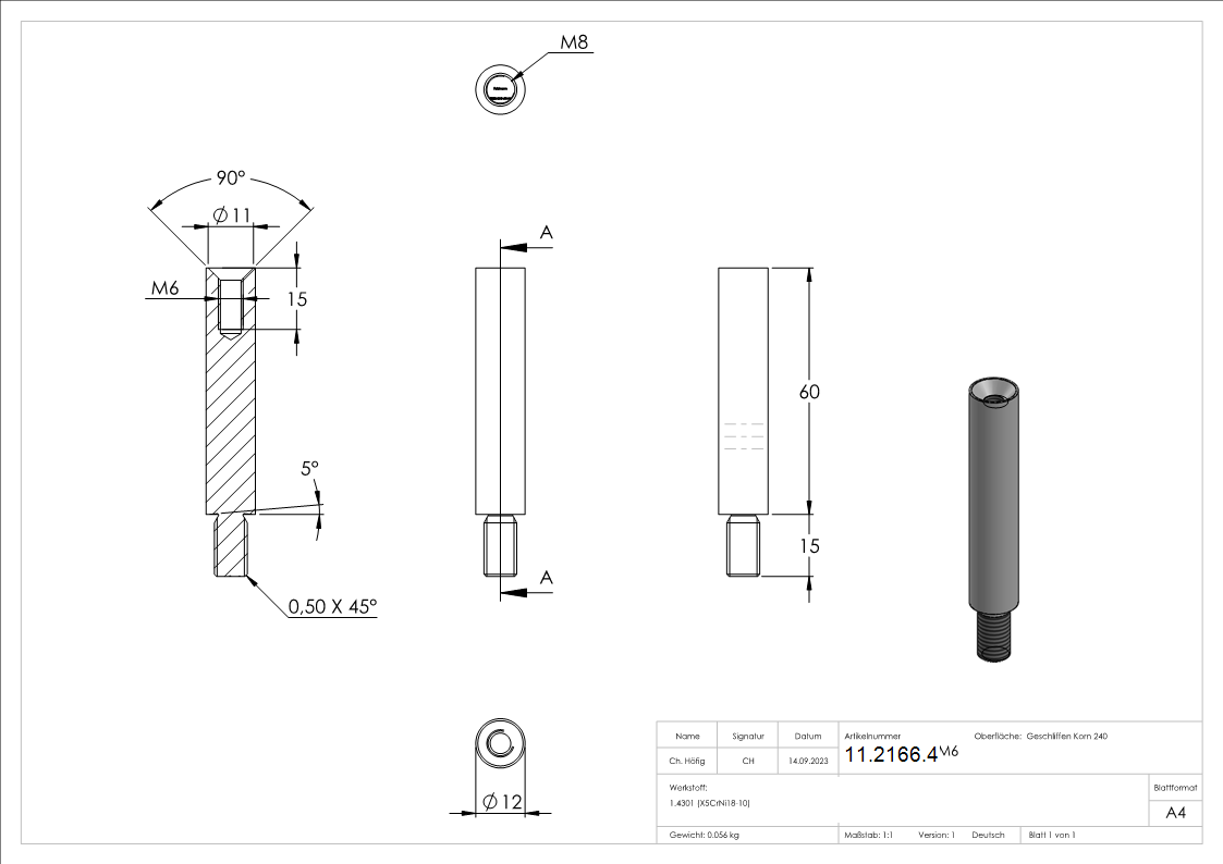Stift | Maße: 60x12 mm | mit Außen - und Innengewinde | V2A