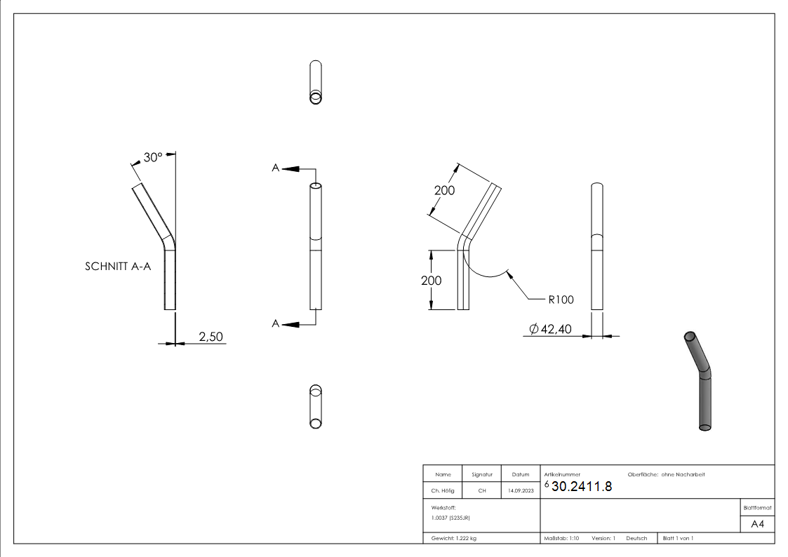 Stahl Rohrbogen | 30° | 42,4x2,5 mm | Stahl S235JR, roh