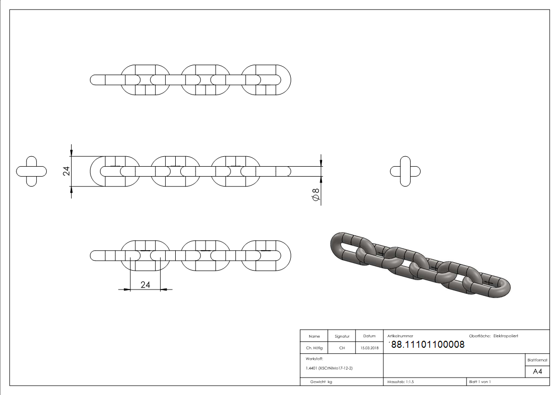 VA-Kette DIN 766, Ø 8mm