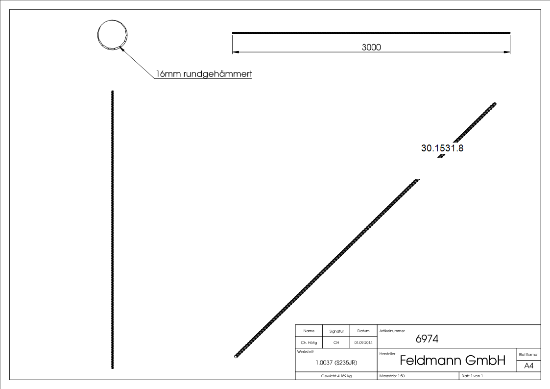 Rundeisen spindelförmig geschmiedet Ø 16 mm Länge: 3000 mm Stahl (Roh) S235JR