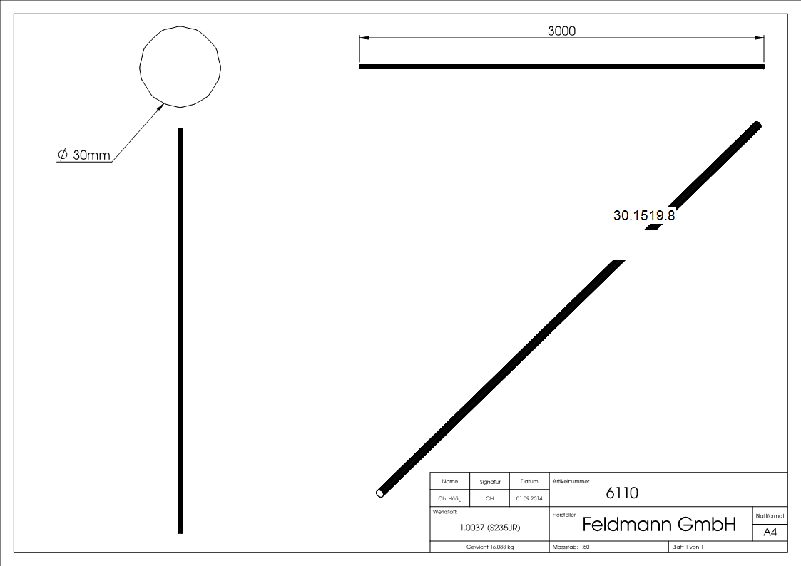 Rundeisen geschmiedet Ø 30 mm Länge: 3000 mm Stahl (Roh) S235JR