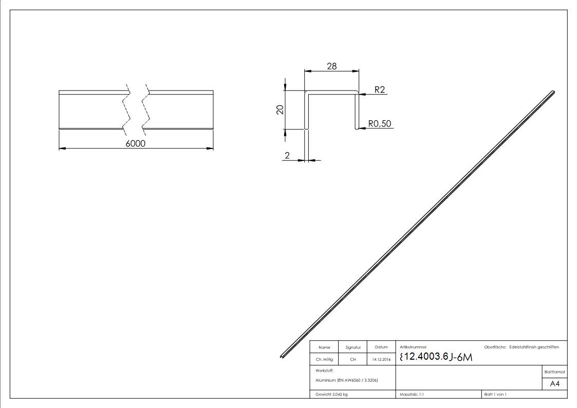 U-Profil | Maße: 28x20x2 mm | Länge: 6000 mm | Aluminium elox. E4/EV1