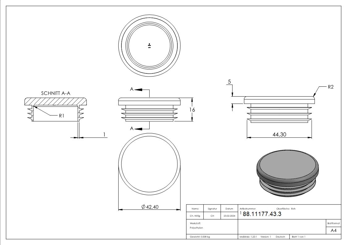 Kunststoffkappe für Rundrohr 42,4mm