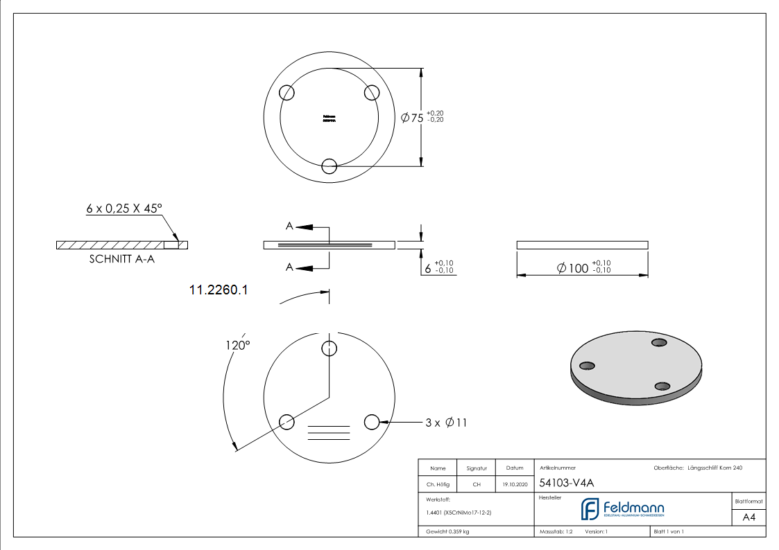 Ankerplatte | Ø 100 x 6 mm | mit 3 Bohrungen á Ø 11 mm | V4A