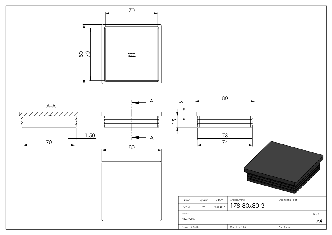 Kunststoffkappe für Quadratrohr 80x80mm