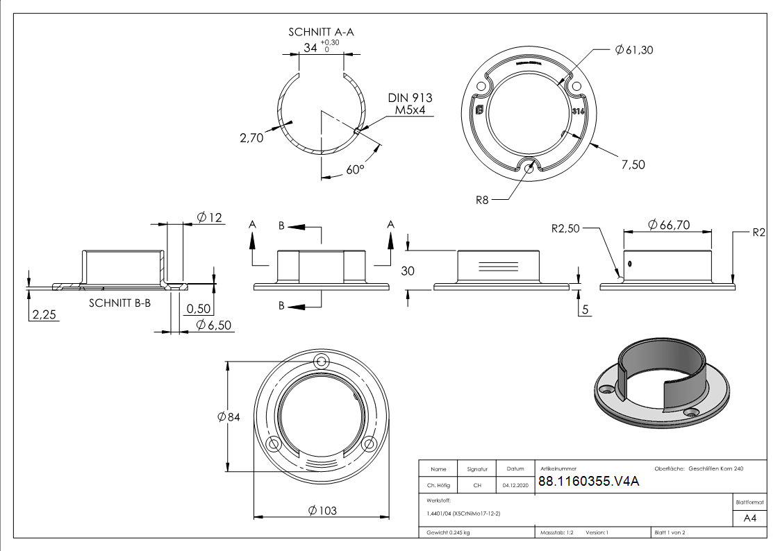 Wandbefestigung für Nutrohr 60,3 x 1,5mm, V4A