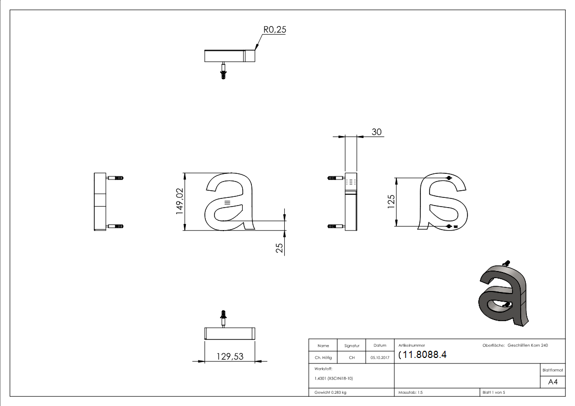 Buchstabe a | 3D | Maße: 130 mm x 200 mm | V2A