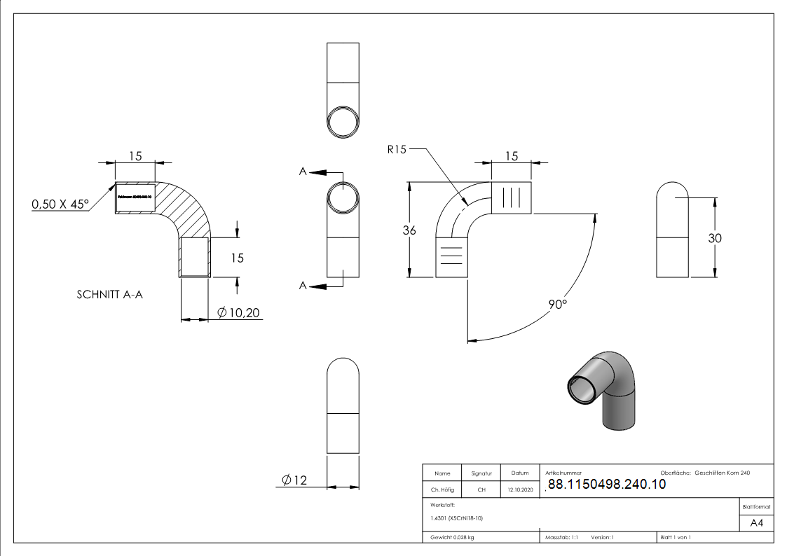 Rundstabverbinder für Ø 10mm, 90°