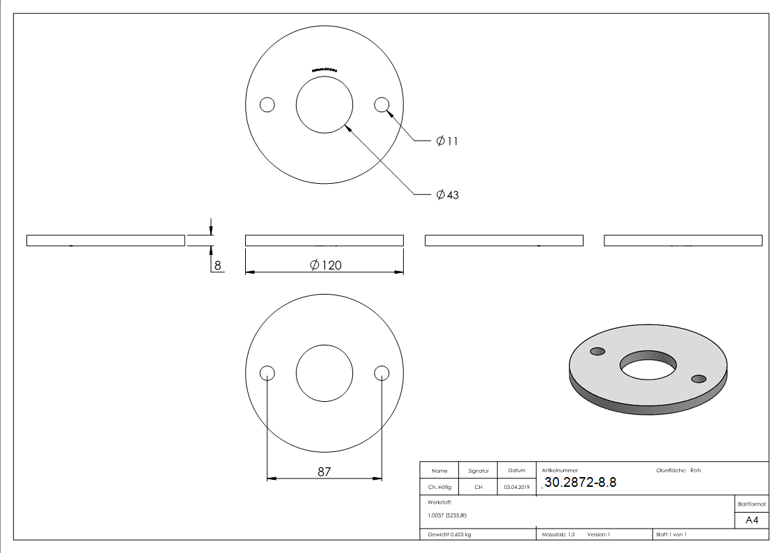 Ankerplatte 120x8 mm 3 Bohrungen |  Stahl roh